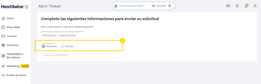  Campo de selección de sector de soporte destacado, mostrando las opciones 'Financiero' seleccionado'.