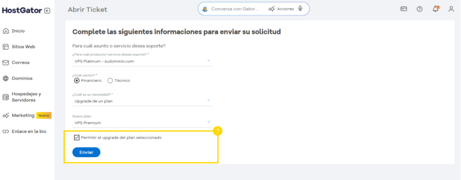 Campo de selección y botón de envío destacados para confirmar la autorización del upgrade del plan seleccionado.