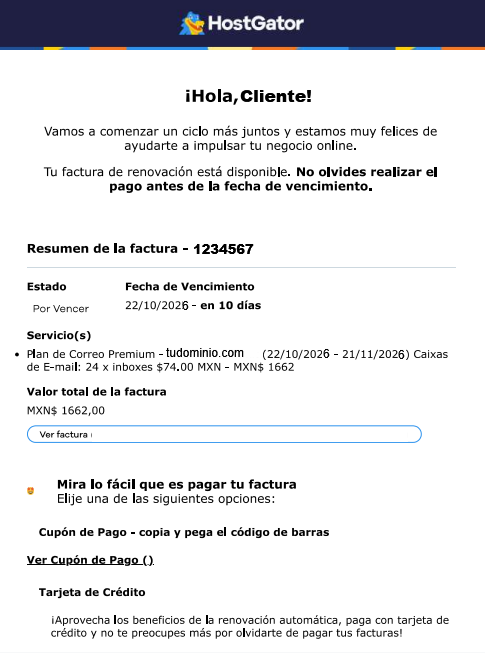 La imagen muestra el correo electrónico recibido con información para la renovación de la factura