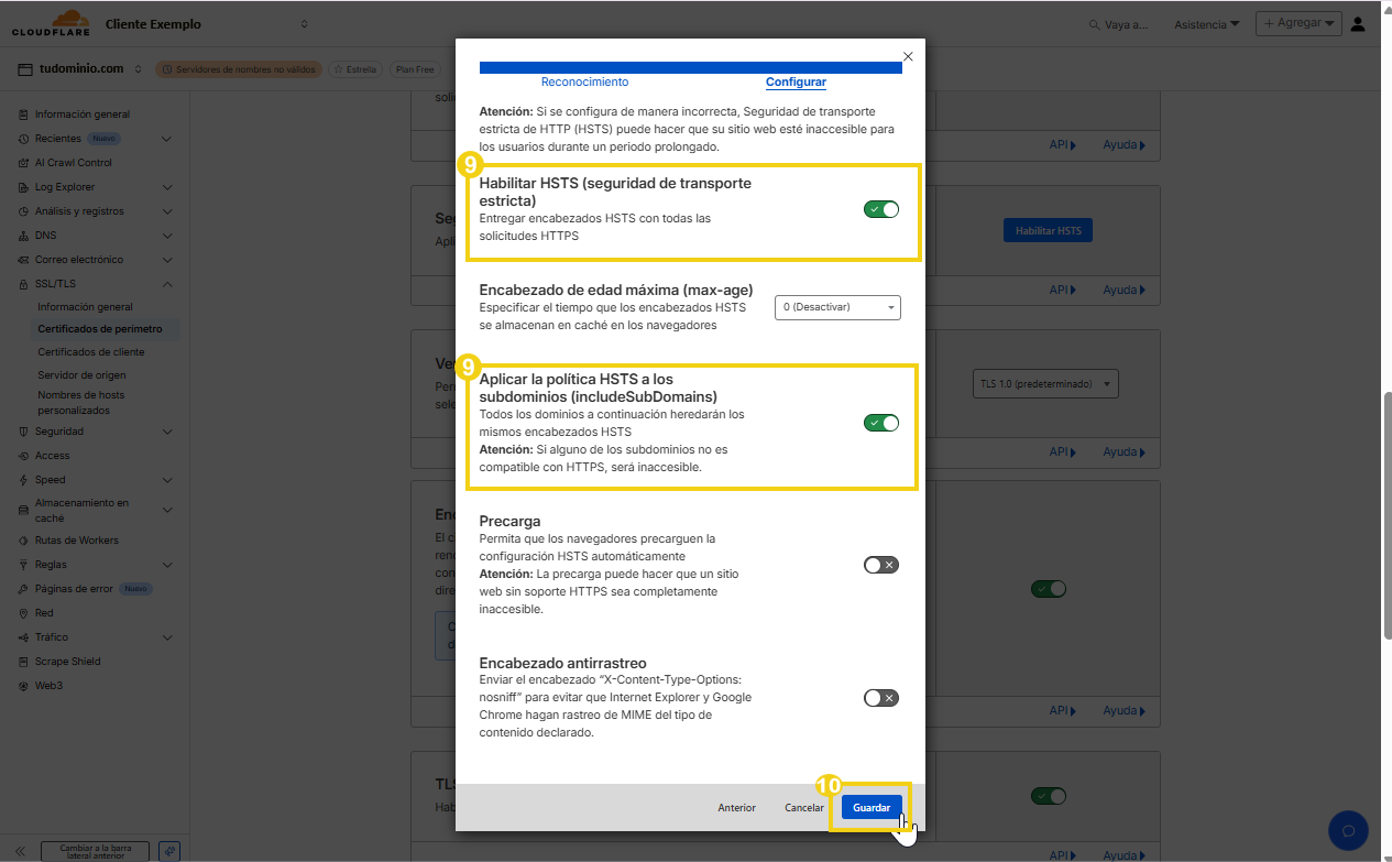 Configurações de segurança de transporte HSTS em painel de controle de navegador, com opções ativas para aplicar política e habilitar HTTPS.