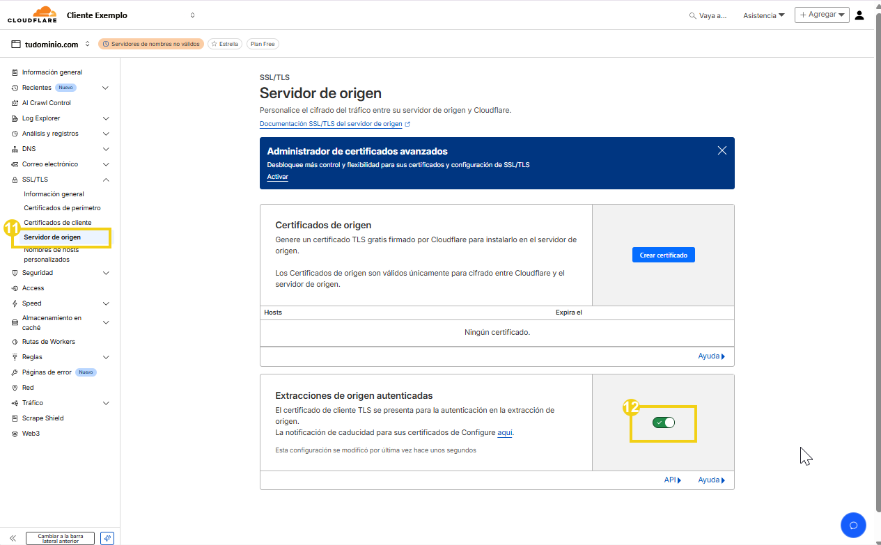 Configuração de SSL/TLS para servidor de origem na interface de gerenciamento em nuvem Cloudflare,
