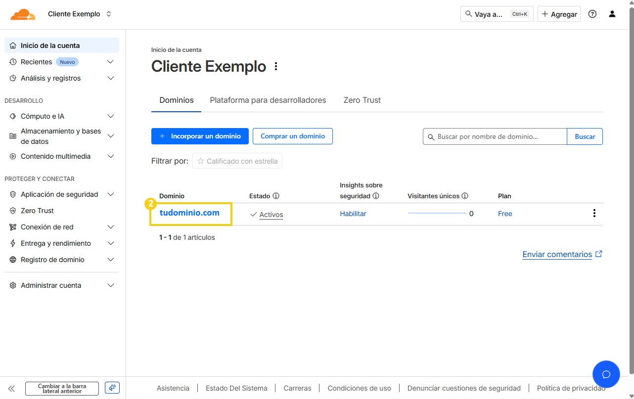 Imagem da plataforma de gerenciamento de domínios ativos no painel