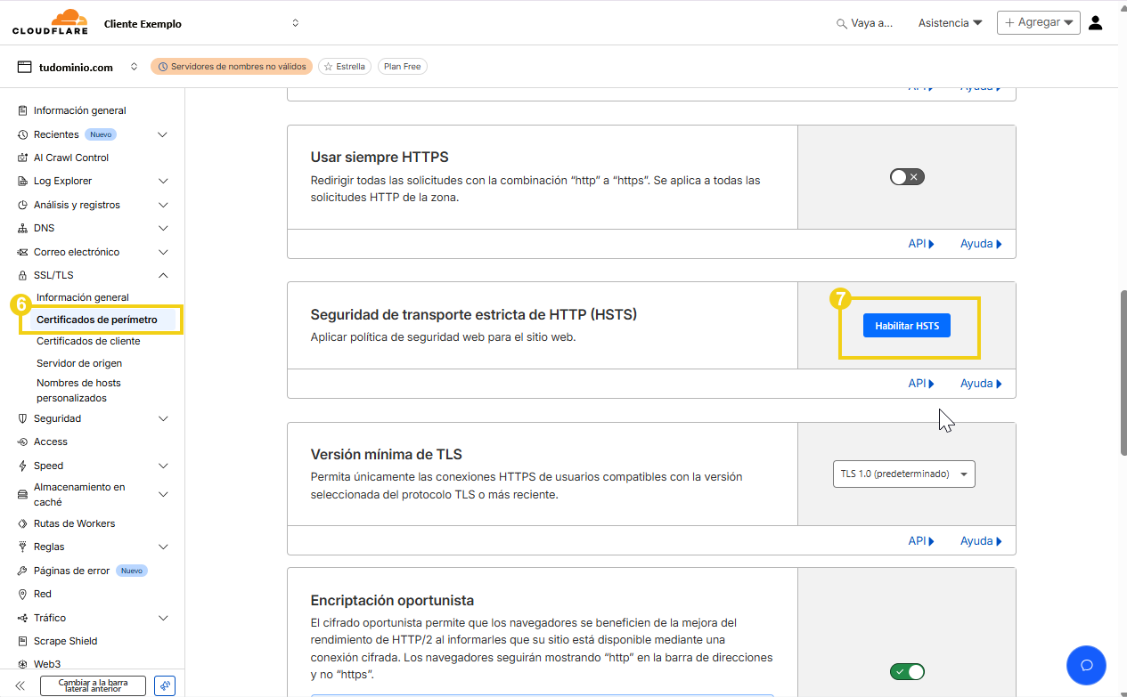 Configuração de segurança no painel de controle de um site, destacando a opção de habilitar HSTS para melhorar a segurança do HTTPS.