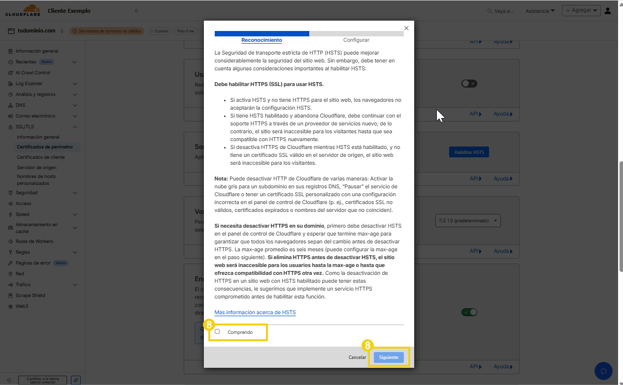 Imagem mostra uma tela de configuração de segurança de transporte na plataforma Cloudflare, com instruções para habilitar HTTPS (SSL) para habilitar HSTS, incluindo passos e avisos importantes.