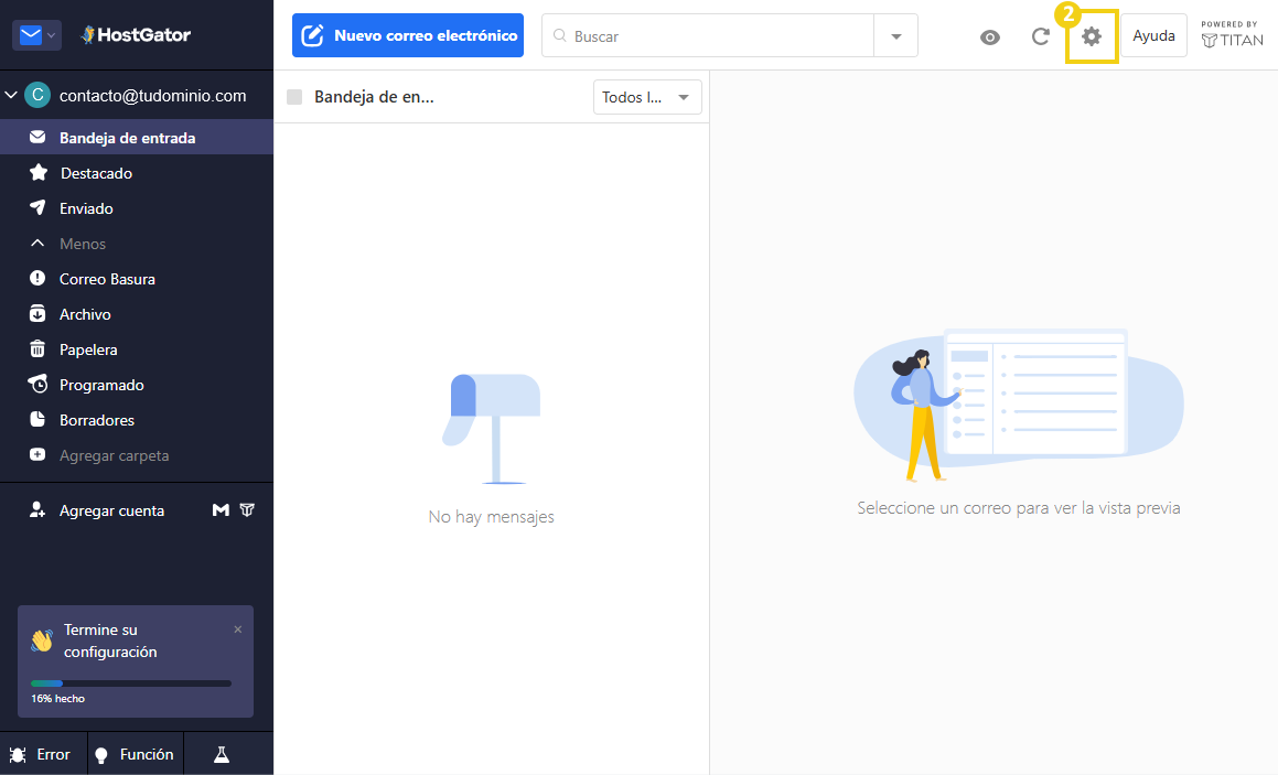 Imagen de la interfaz de gestión de correo electrónico en una plataforma de alojamiento web, que muestra las opciones de bandeja de entrada, enviados y configuración.