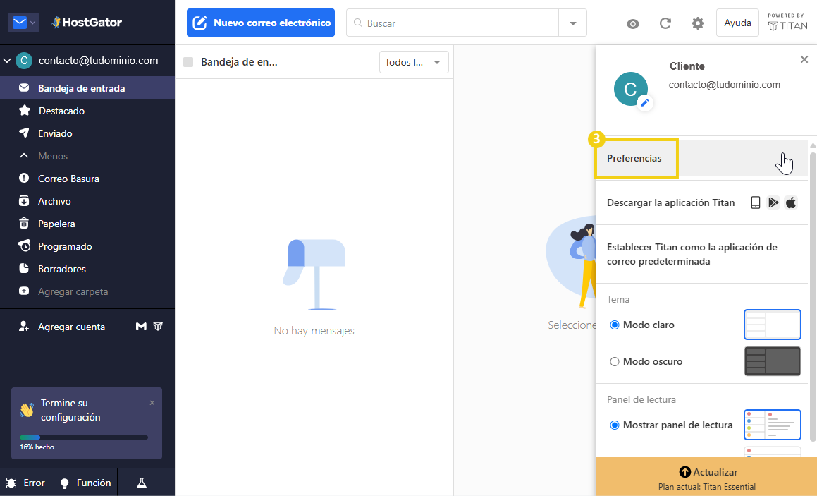 Imagen de configuración de preferencias en el servicio de correo electrónico Titan, resaltando la opción Preferencias.