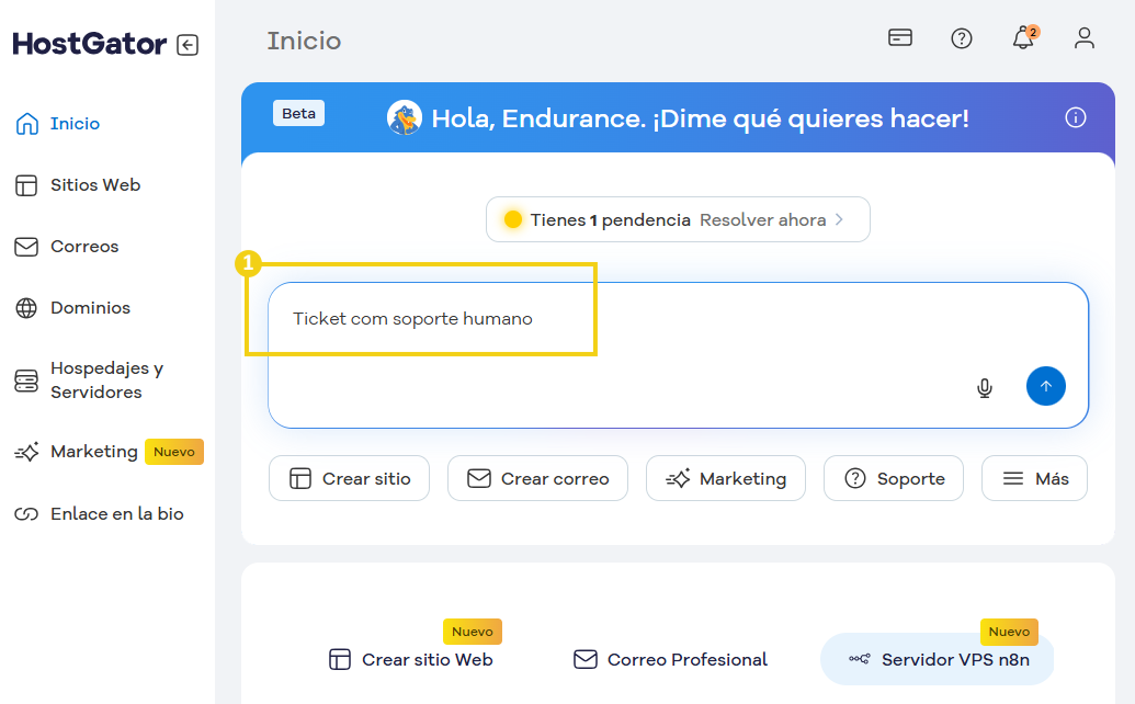 Imagen ilustrativa mostrando el inicio del portal del cliente destacando en la caja de conversacion con el Gator "Ticket con soporte humano"