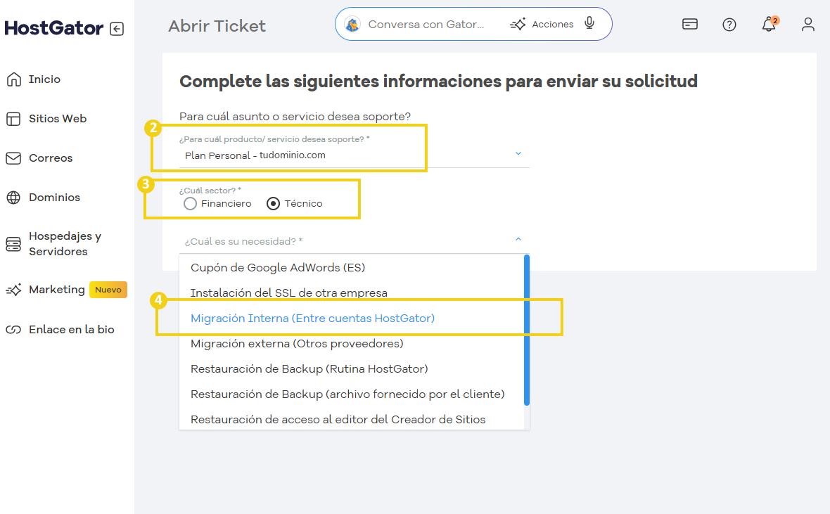 Pantalla de apertura de ticket para elegir el plan, el departamento técnico y la opción de migración interna - Entre cuentas HostGator