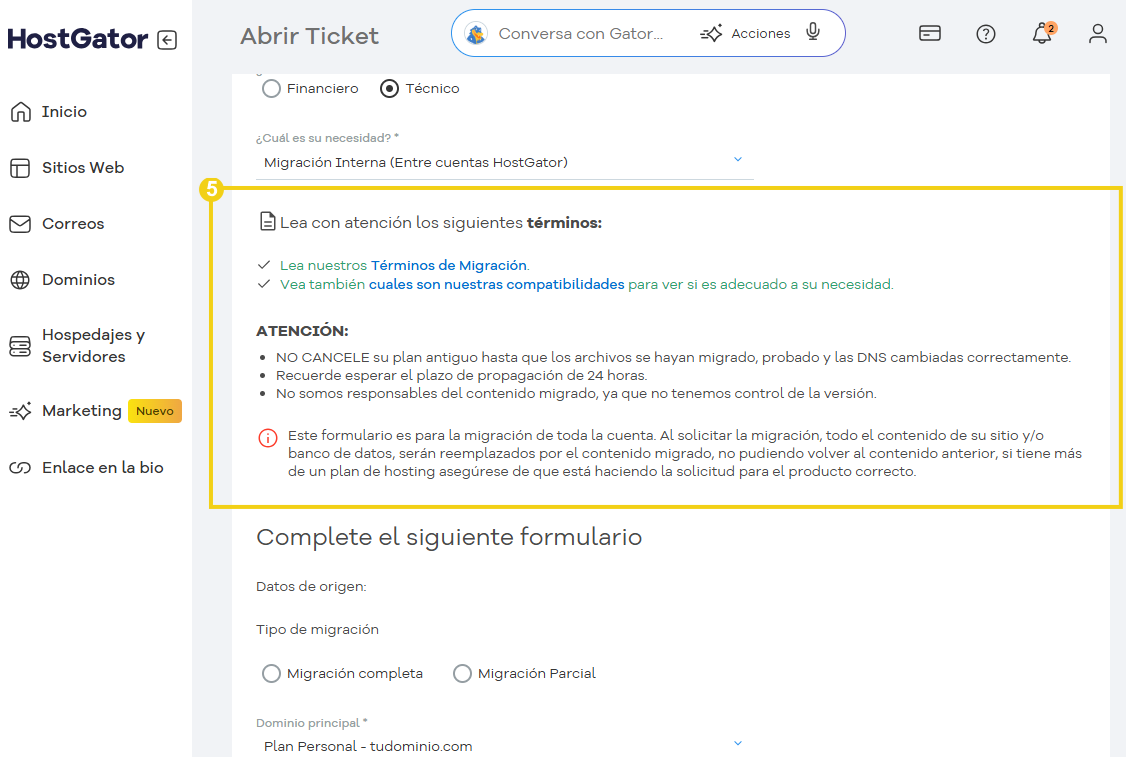 Pantalla de apertura de ticket para leer atentamente la información sobre la migración