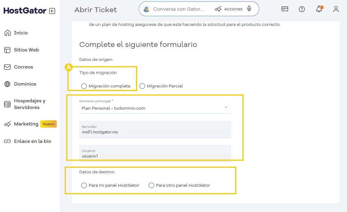 Pantalla de apertura de ticket para elegir la migración completa y si será para este u otro panel de HostGator