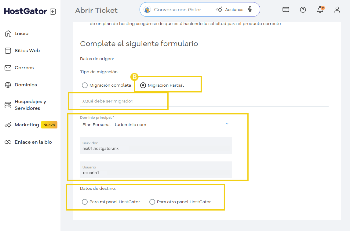 Pantalla de apertura de ticket para elegir migración parcial, agregar información y si será para este u otro panel de HostGator