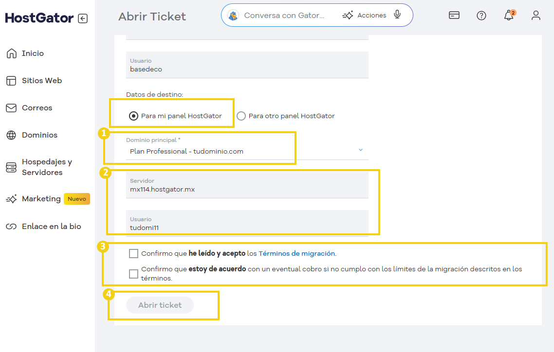 Pantalla de apertura de ticket para seleccionar la cuenta, aceptar los términos y enviar el ticket