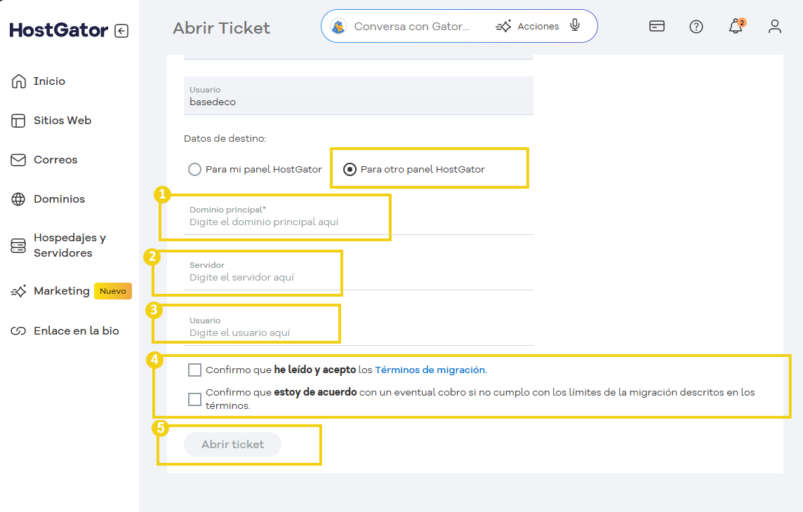 Pantalla de apertura de ticket para confirmar los términos y abrir el ticket