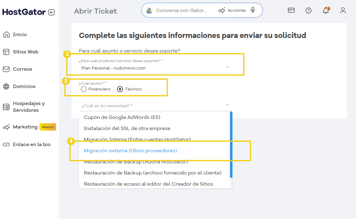 Pantalla de apertura del ticket mostrando campos para completar información