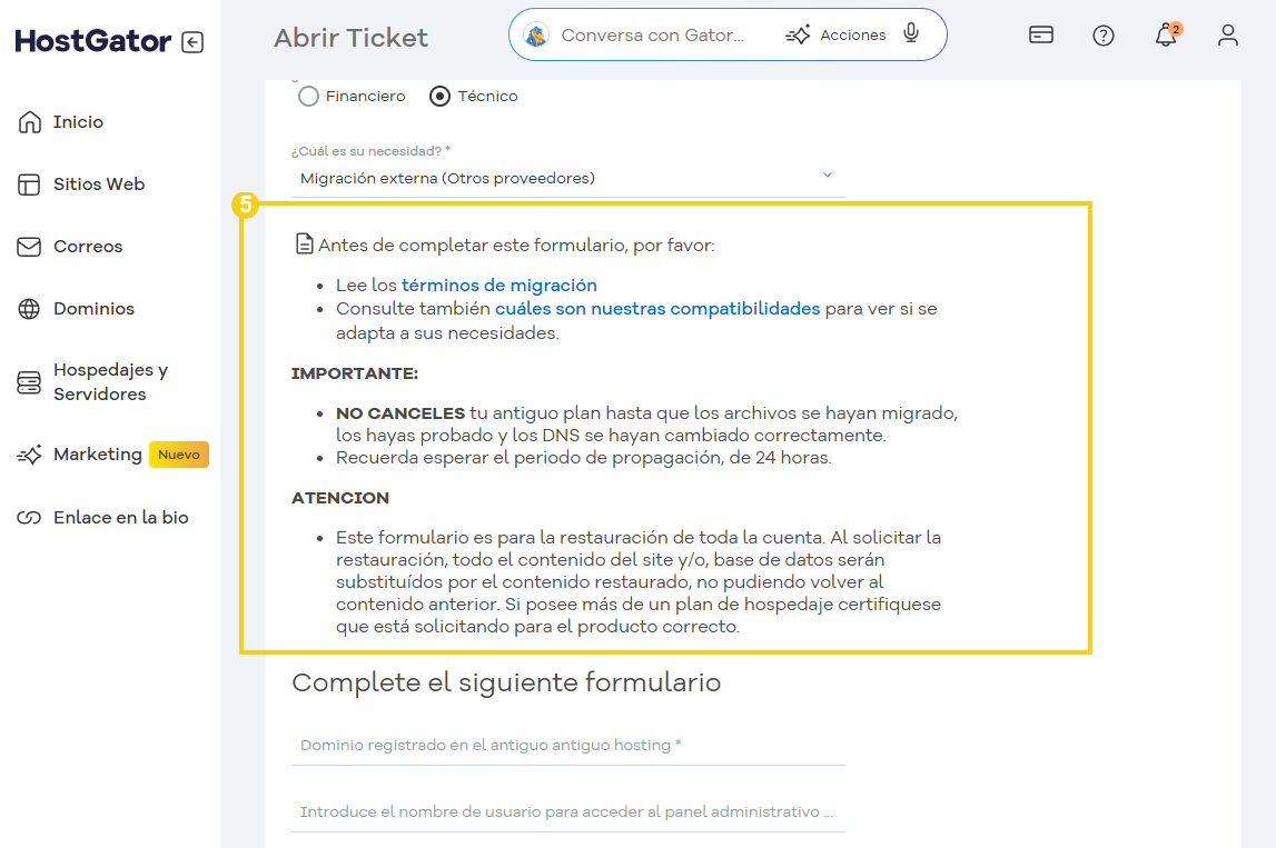Pantalla de apertura del ticket con información importante sobre la migración en planes compartidos