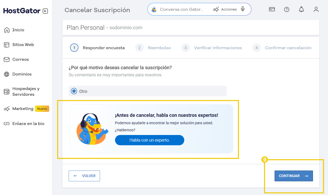 La imagen muestra la pantalla del Portal del Cliente con la opción de hablar con especialistas para ayudarle a encontrar una solución y evitar la cancelación.