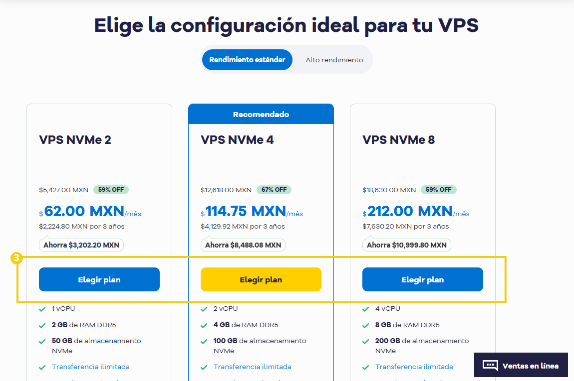 La imagen muestra el sitio web de HostGator para elegir el plan de VPS.
