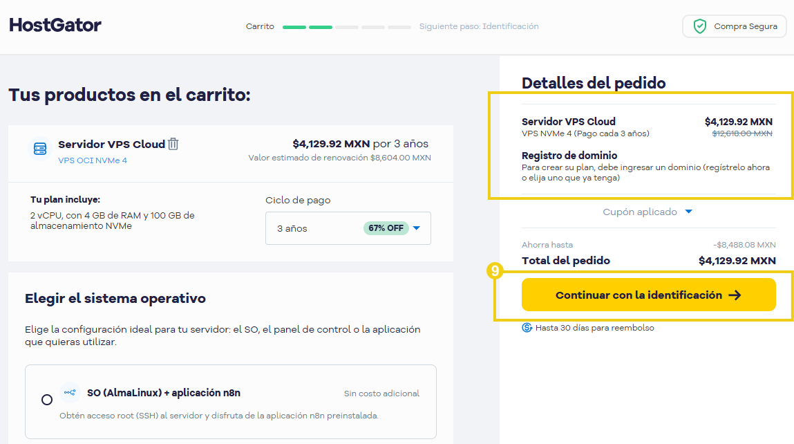 La imagen muestra la pantalla del carrito en el sitio web de HostGator para revisar los detalles del pedido y continuar con la identificación.