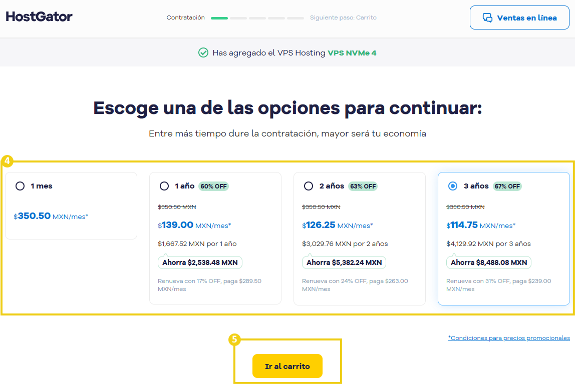 La imagen muestra el sitio web de HostGator para elegir el ciclo de pago que desea contratar.