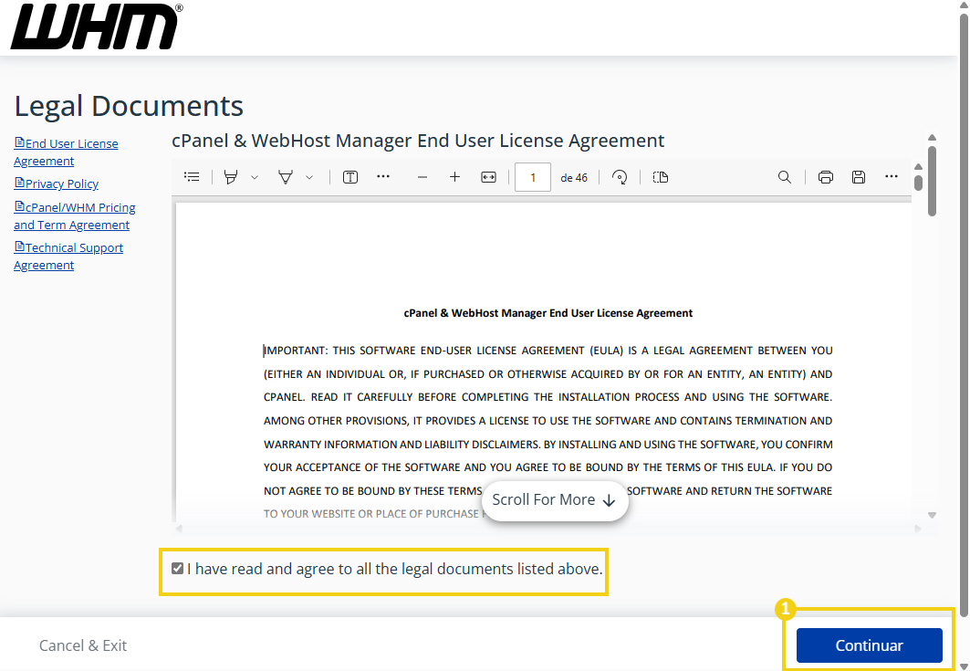 Imagen de una pantalla con la confirmación de actualización de licencia del cPanel y WHM, mostrando el acuerdo de licencia y el botón 'continuar' destacado.
