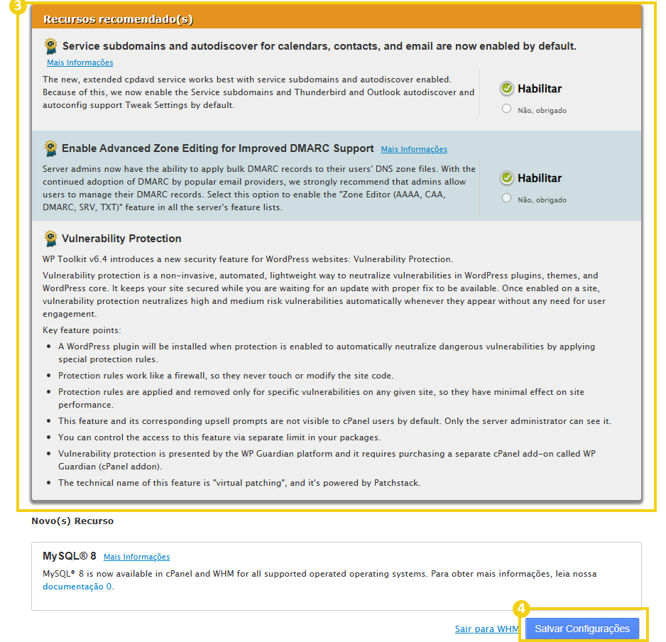 La imagen muestra la pantalla de recursos recomendados en WHM.