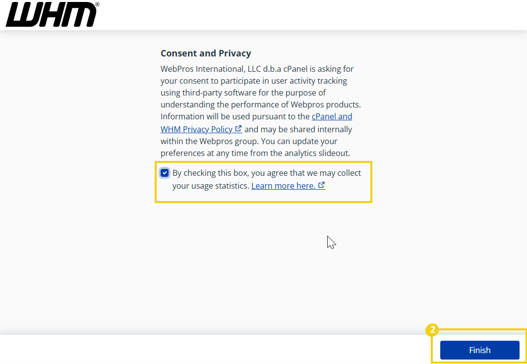 Tela de consentimento de privacidade e uso de dados do WebPros para monitoramento de desempenho de produtos Webpros, com opção de aceitar coleta de dados.