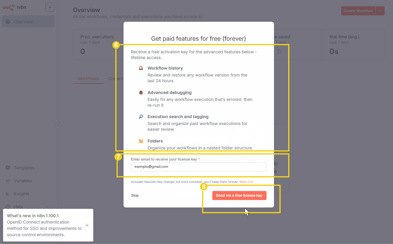 Pantalla de activación gratuita de funcionalidades avanzadas en el software n8n, incluyendo historial de flujo, depuración avanzada y búsqueda por ejecución.