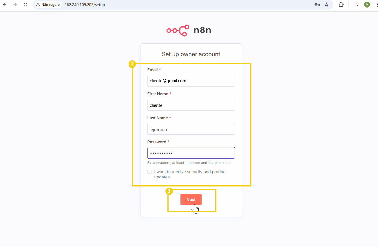 registro en la pantalla de inicio de sesión de n8n cuando es la primera vez que se accede