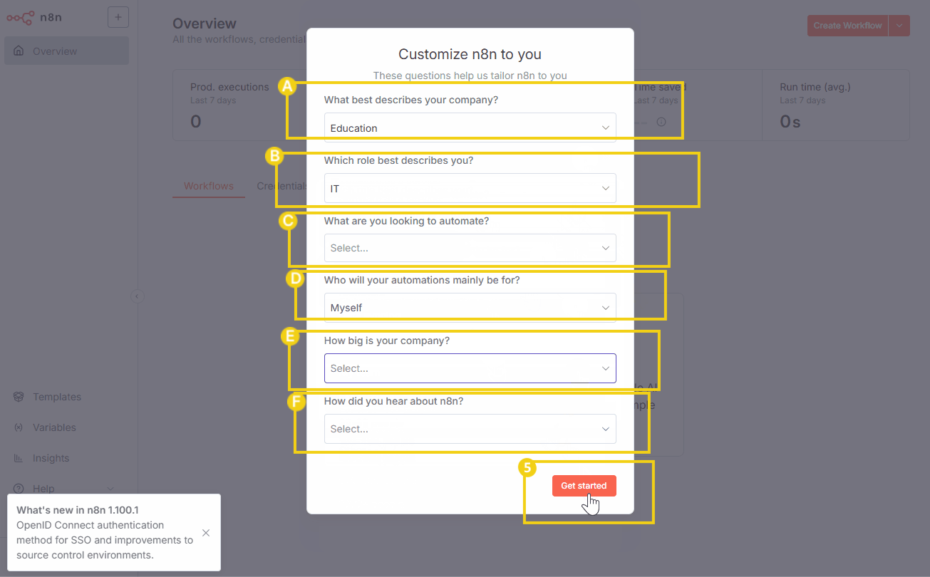 Imagen de una pantalla de registro para personalizar n8n, una herramienta de automatización, con preguntas sobre la empresa, rol, automatizaciones, tamaño y cómo escuchó sobre la plataforma.