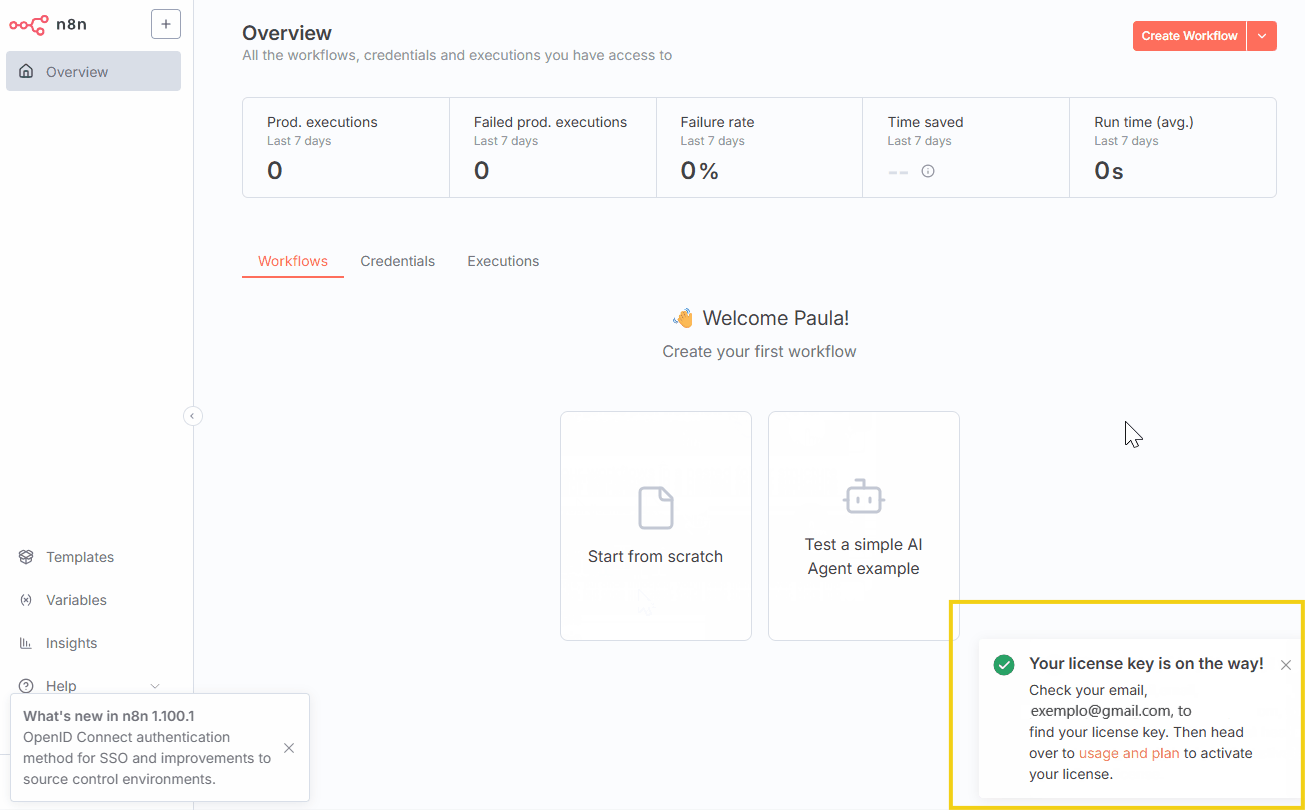 Imagen del dashboard de una plataforma de automatización de workflows mostrando opciones para iniciar desde cero o probar un ejemplo de agente de IA, con destaque para un mensaje de licencia válida.