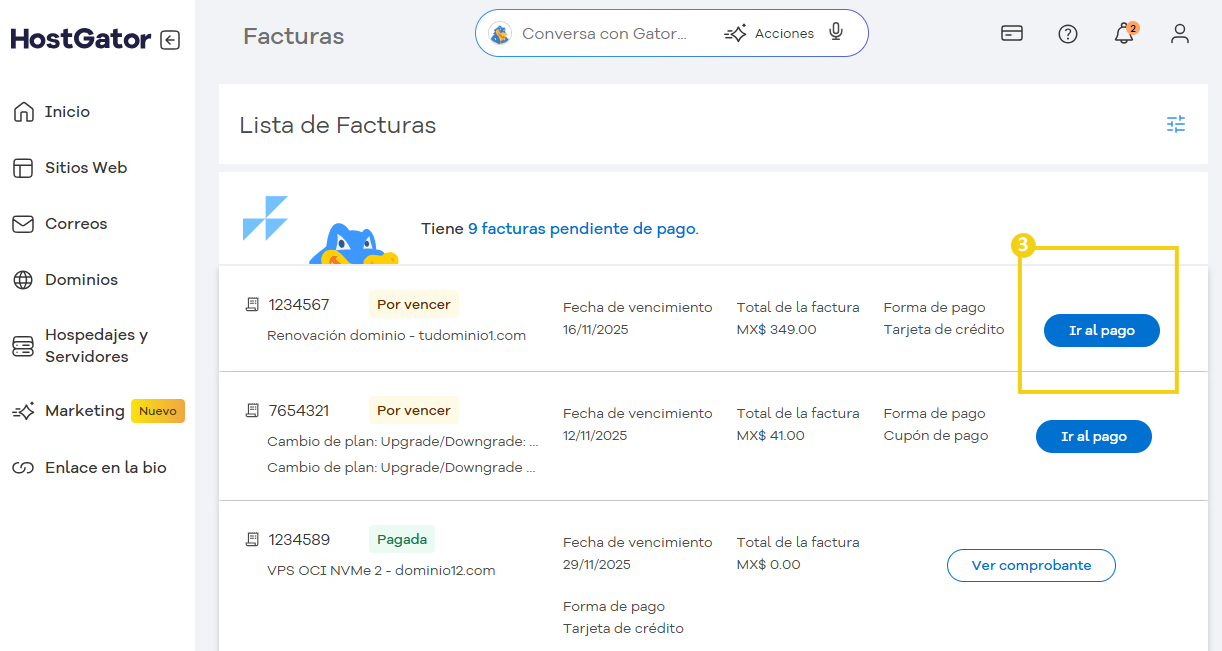 Botón destacado con la acción 'Ir al pago' en la lista de facturas.