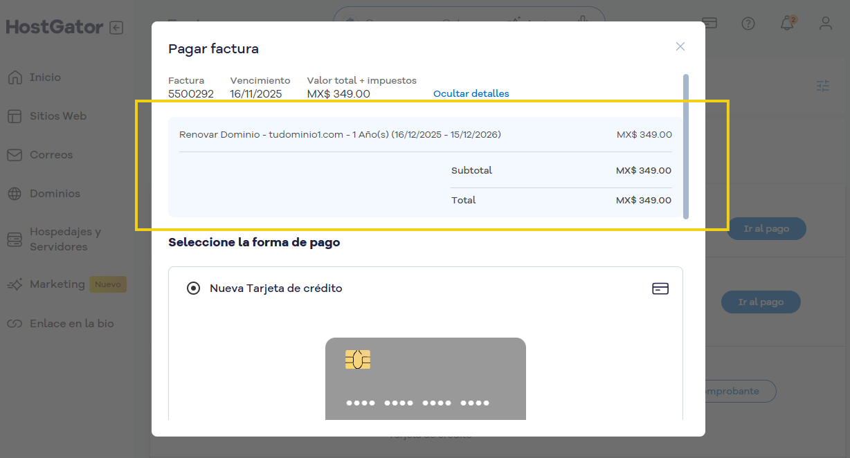 Imagen que muestra una pantalla de pago de factura en HostGator con detalles del valor total de $ 38.99 y opciones de pago con tarjeta registrada.