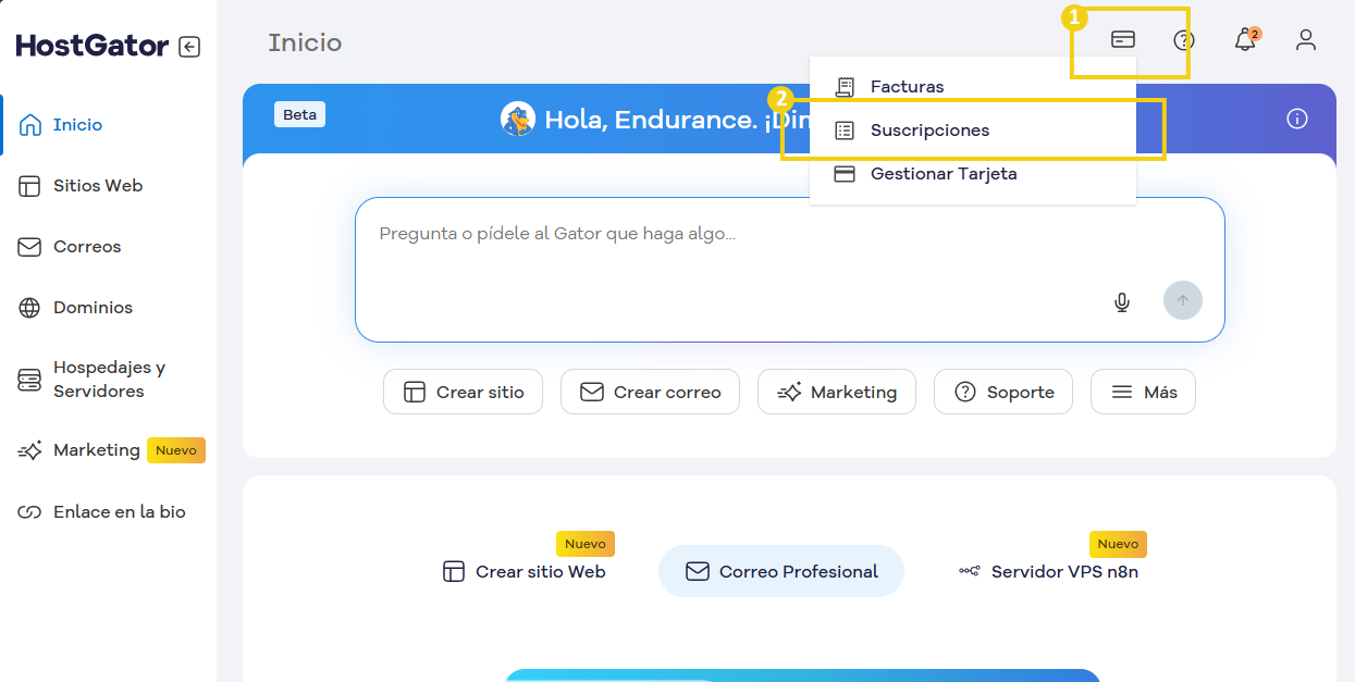 Pantalla del Portal del Cliente que destaca en el menú superior el ícono de tarjeta de crédito y luego Suscripciones