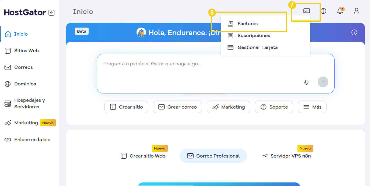 Menú desplegable con opciones Facturas en destaque, accedido por el ícono de tarjeta destacado.