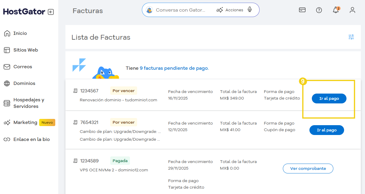 Botón destacado con la acción 'Ir al pago' en la lista de facturas.