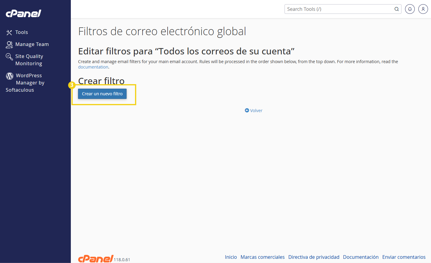 Imagen de la interfaz de administración de filtros de correo electrónico en cPanel, que muestra la opción para crear un nuevo filtro de correo electrónico global.