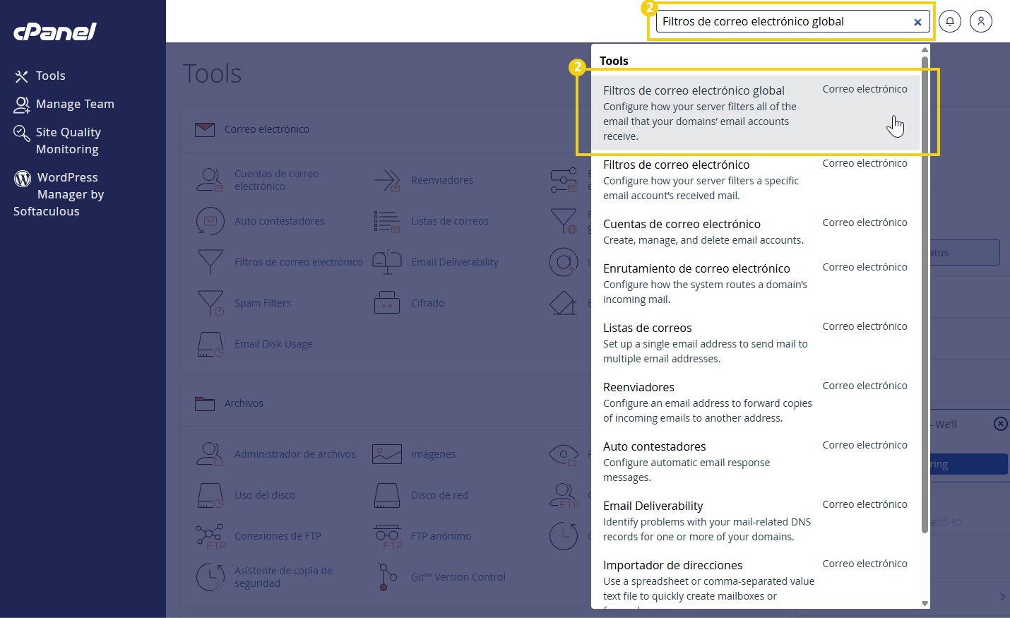 La imagen muestra el campo de búsqueda utilizado para encontrar la opción de filtro de correo electrónico global en el panel de control cPanel, resaltando el menú de herramientas de correo electrónico