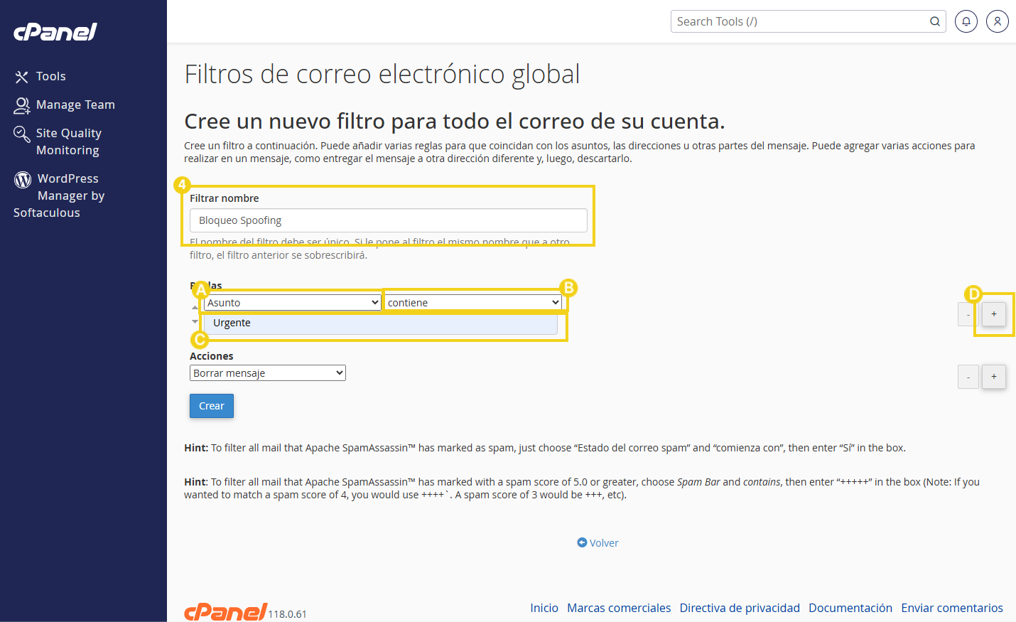 Imagen que muestra la interfaz de cPanel creando un filtro de correo electrónico para bloquear mensajes de spam con criterios de asunto específicos.
