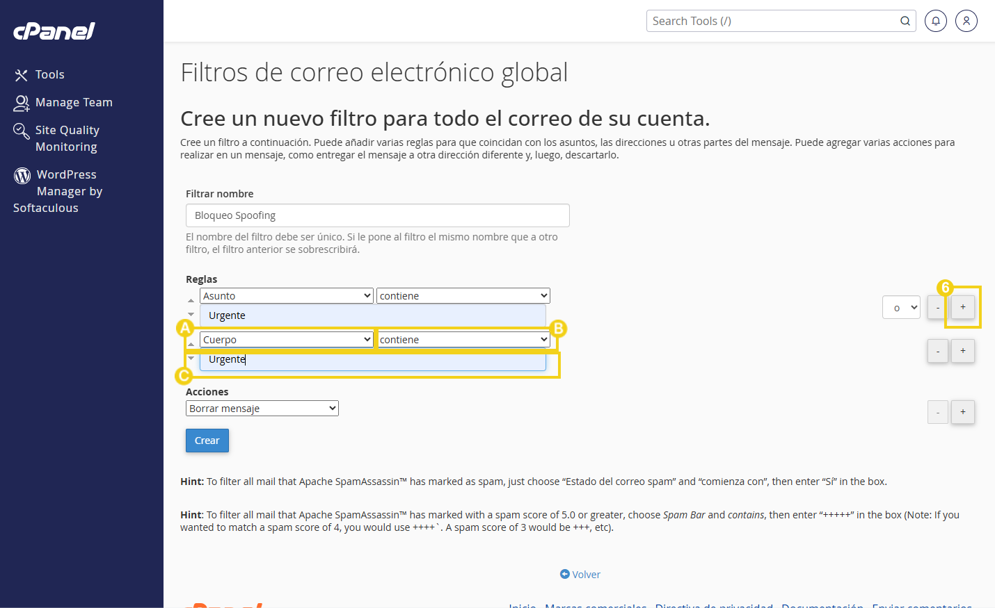 Imagen que muestra la configuración de los filtros de correo electrónico globales en el panel de control cPanel, resaltando las opciones de reglas, con un filtro creado a partir del texto del cuerpo del correo electrónico.