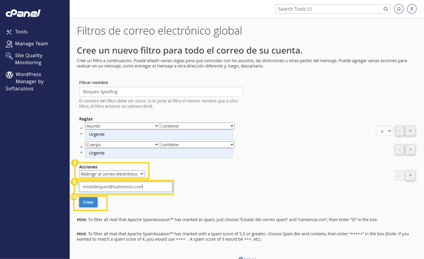  Configuración global del filtro de correo electrónico en el panel de control cPanel, definiendo la acción del filtro creado.