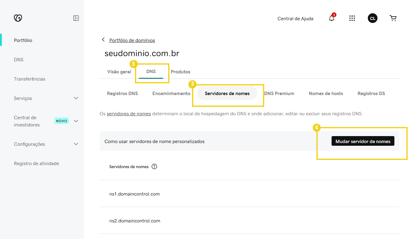 Pantalla mostrando DNS → Servidores de nombres → botón Cambiar servidor de nombres