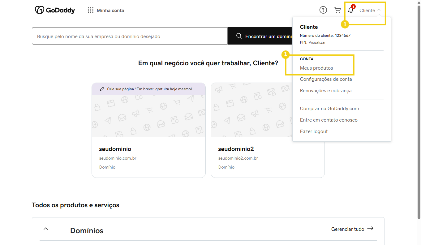 Panel de GoDaddy con el menú de 'Mis productos' resaltado