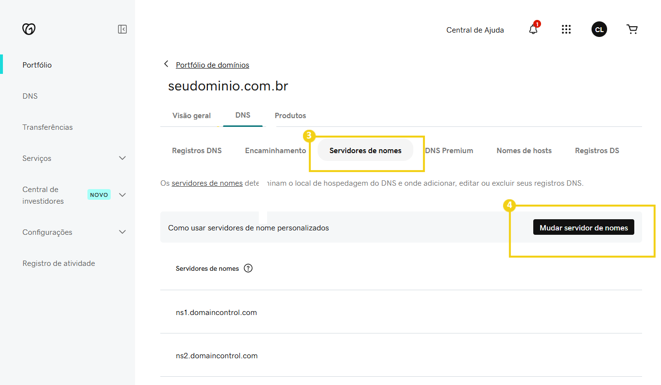 Pantalla de administración con botón Cambiar servidor de nombres