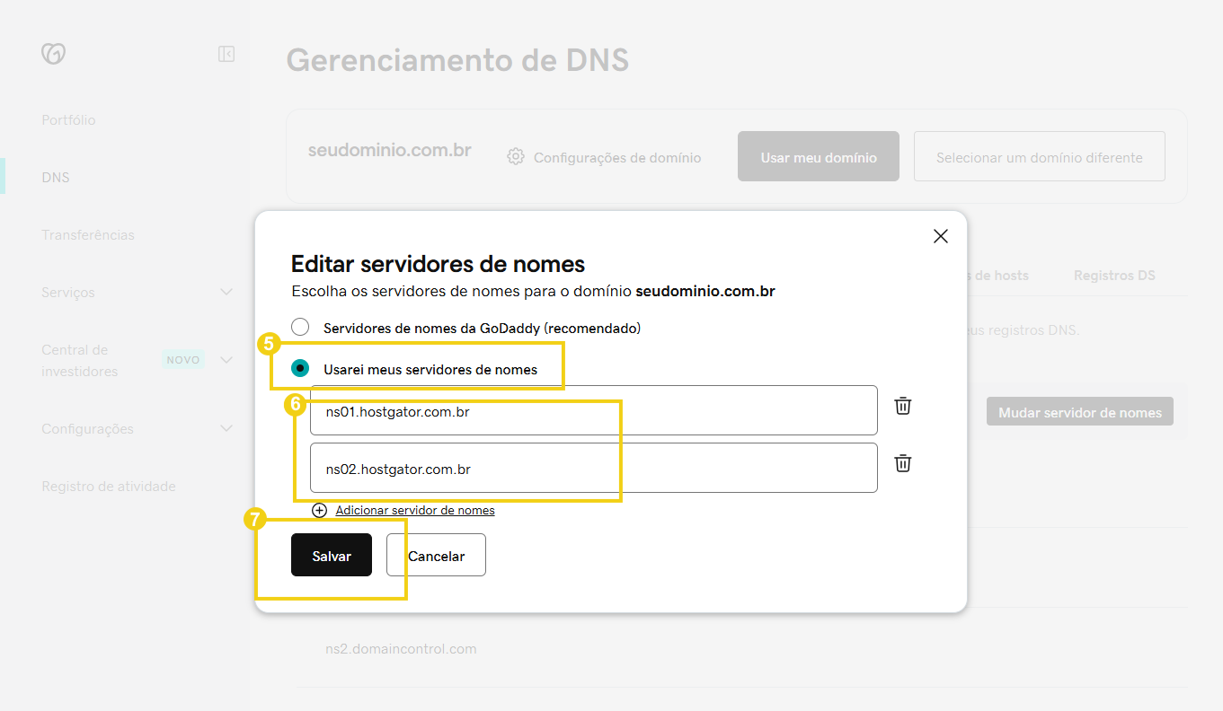Pantalla de edición de DNS con opción Usaré mis servidores de nombres