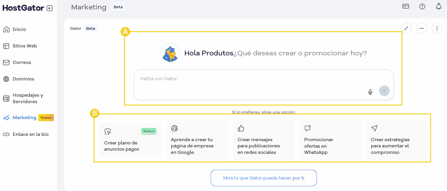 Pantalla de marketing digital en HostGator mostrando opciones para crear campañas en Instagram, publicar en WhatsApp, divulgar ofertas y crear artículos para blog