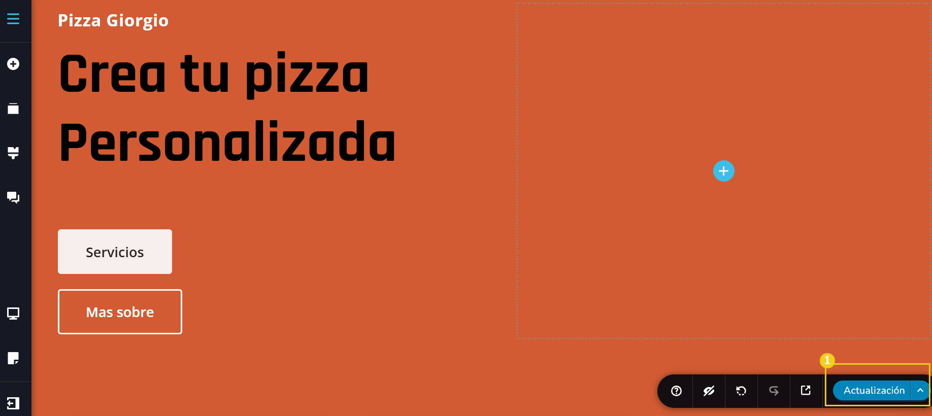 Imagem ilustrativa del editor del creador de sitios con ia, destacando en el menu inferior el boton de actualización