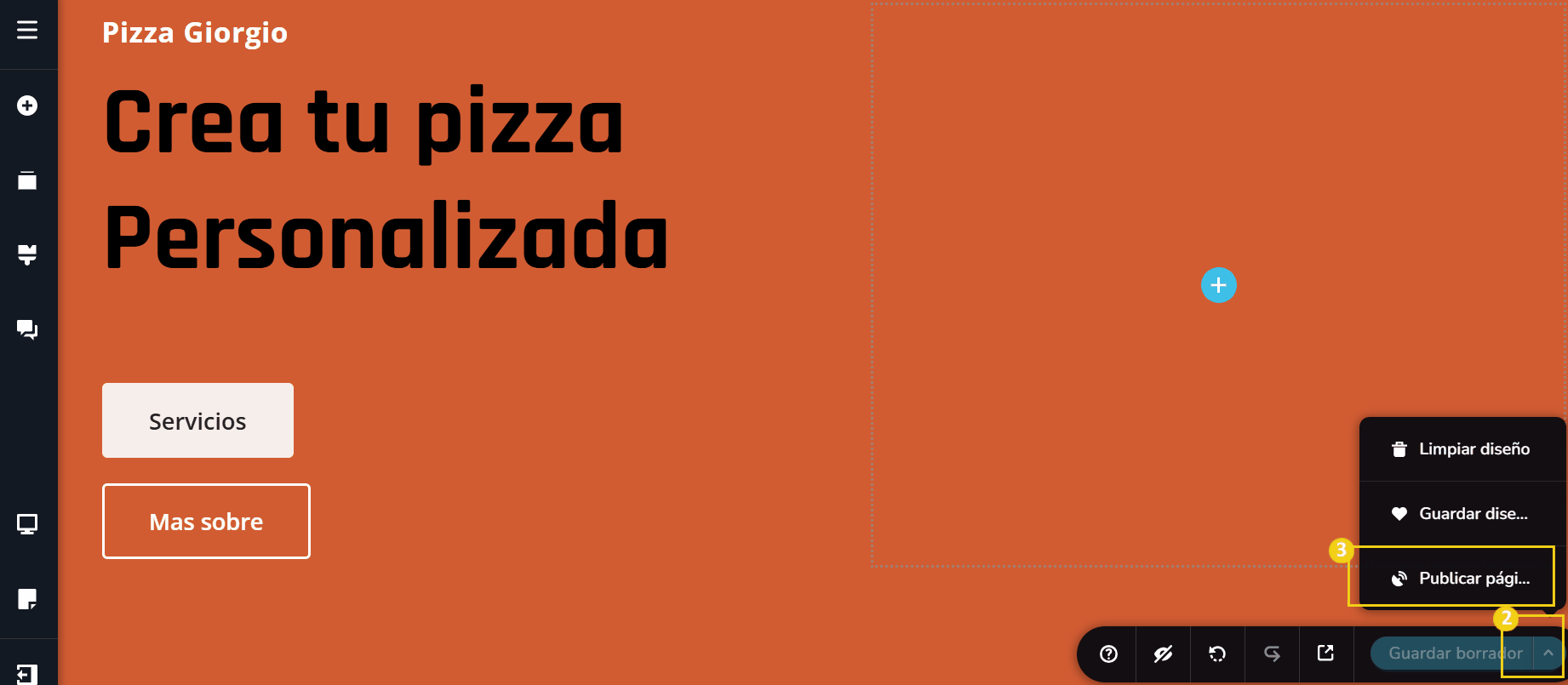 Imagen ilustrativa del editor del creador de sitios con ia, destacando en el menu inferior al lado de actualización haga clic en la flecha, y enseguida publicar