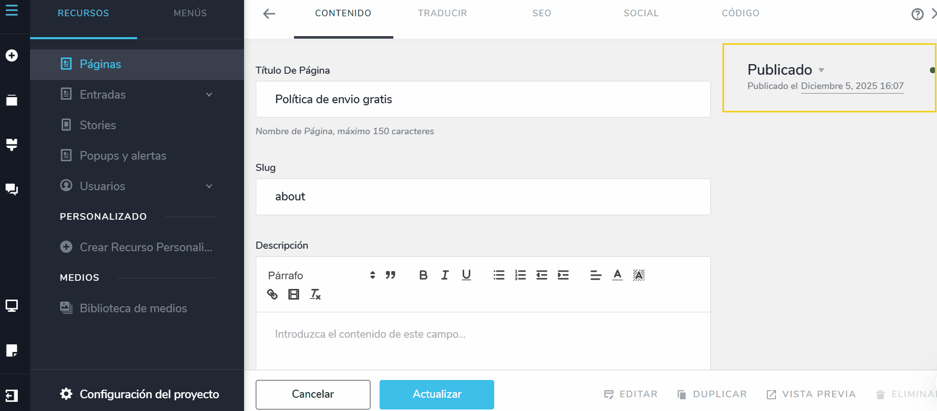 La imagen muestra cómo se ve el estado cuando la página está publicada, con el ícono en color verde y la fecha de publicación
