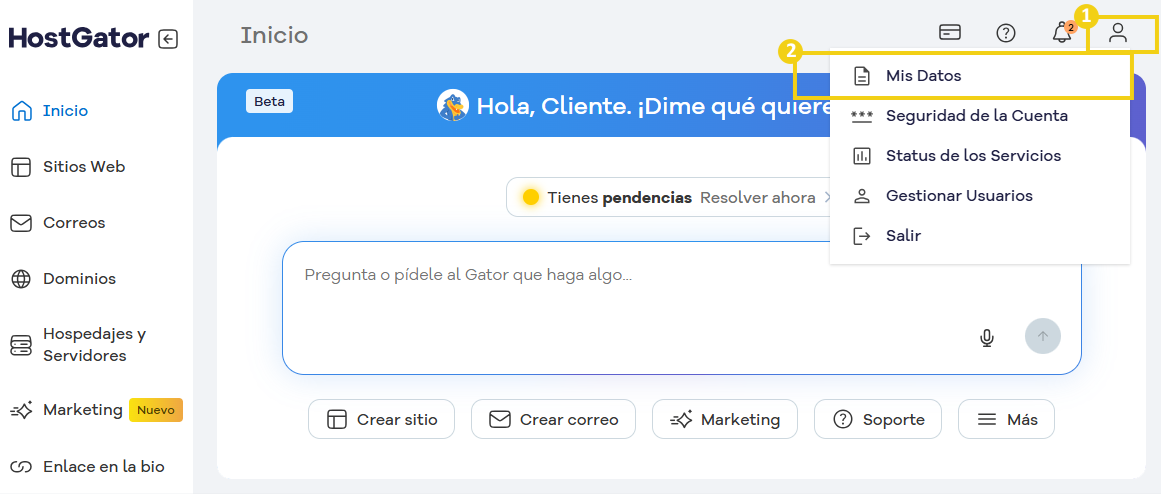 La imagen muestra el Portal del Cliente de Hostgator, resaltando el ícono de perfil en la esquina superior derecha.