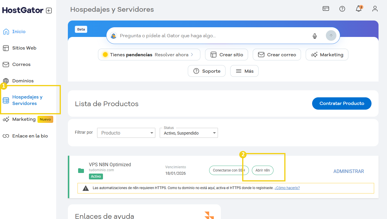 Pantalla del panel de control de HostGator que muestra la pestaña de alojamiento y servidores, con opciones para administrar el producto VPS 